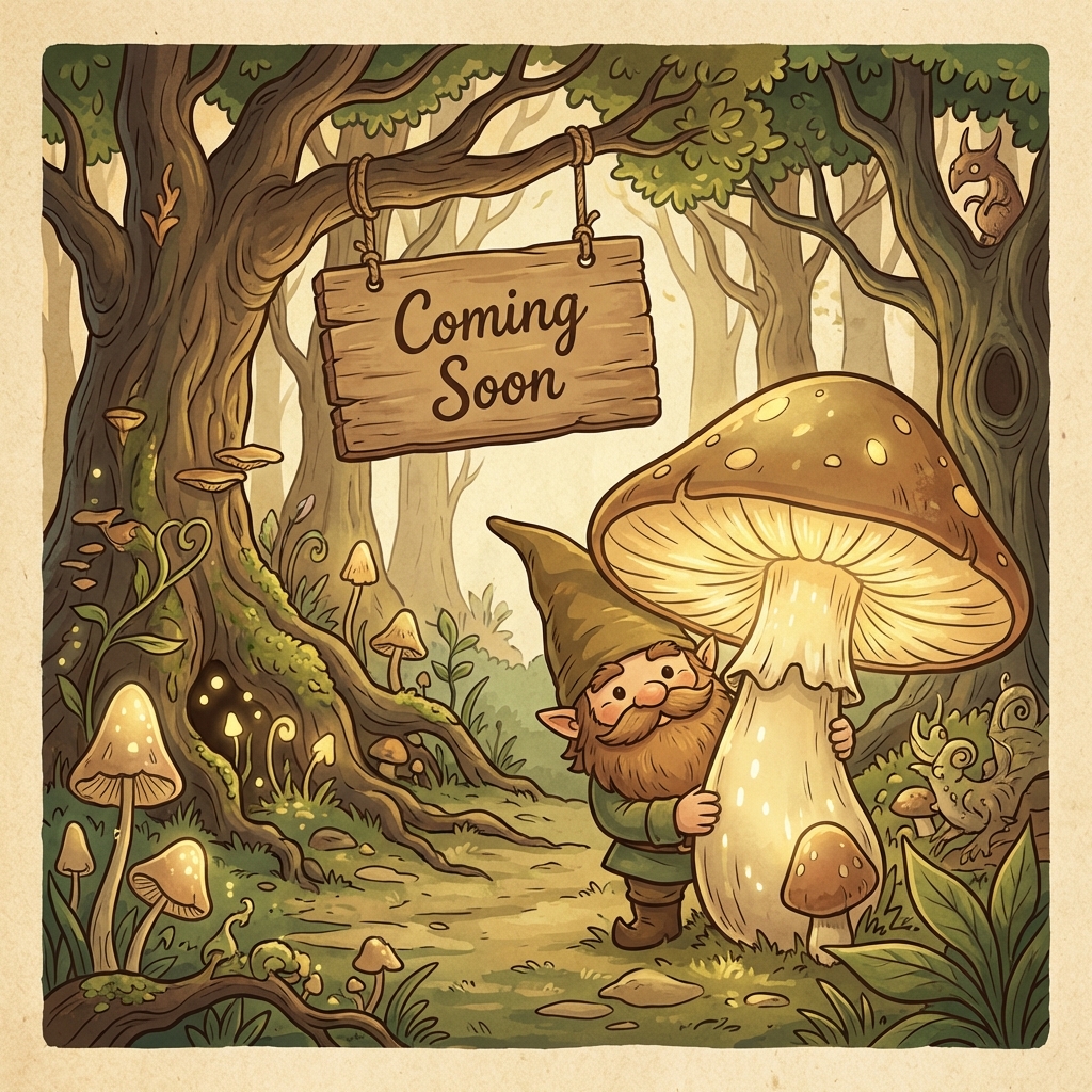 Gnome in a magical forest with a coming soon sign